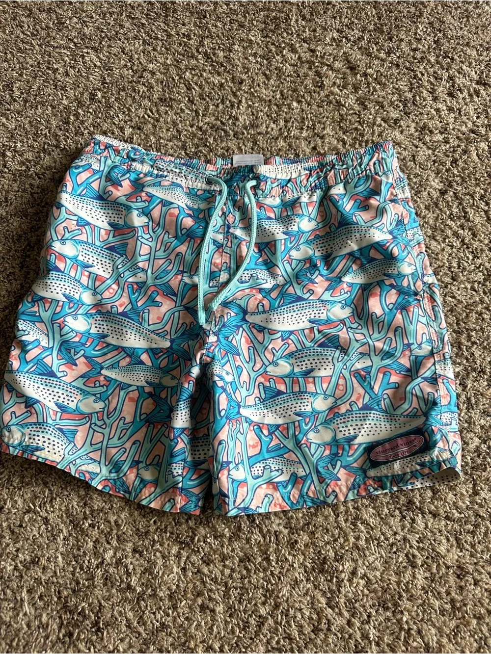 Vineyard Vines Boys Blue and Pink Fish Print Swim Trunks